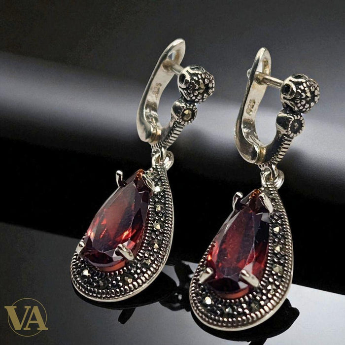 Boucles d’oreilles pendantes goutte Grenat en Argent 925 style vintage
