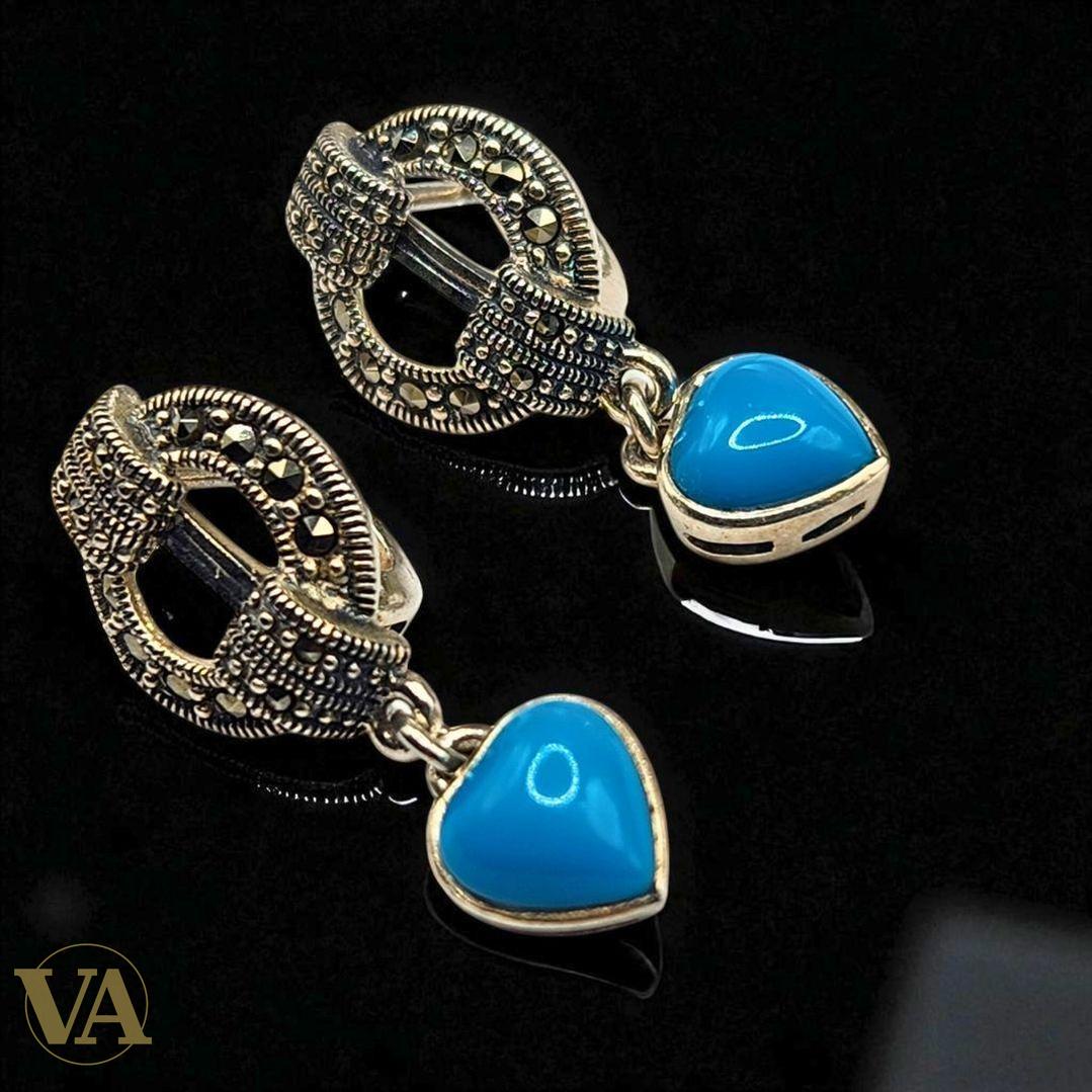 Boucles d’oreilles pendantes cœur turquoise – Argent 925 & Marcassite