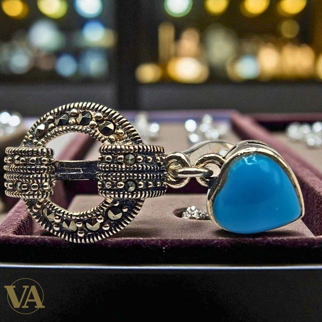 Boucles d’oreilles pendantes cœur turquoise – Argent 925 & Marcassite