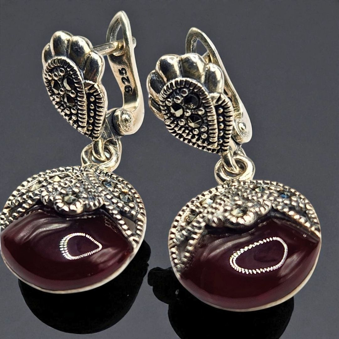 Boucles d’oreilles en argent 925, marcassite & cornaline