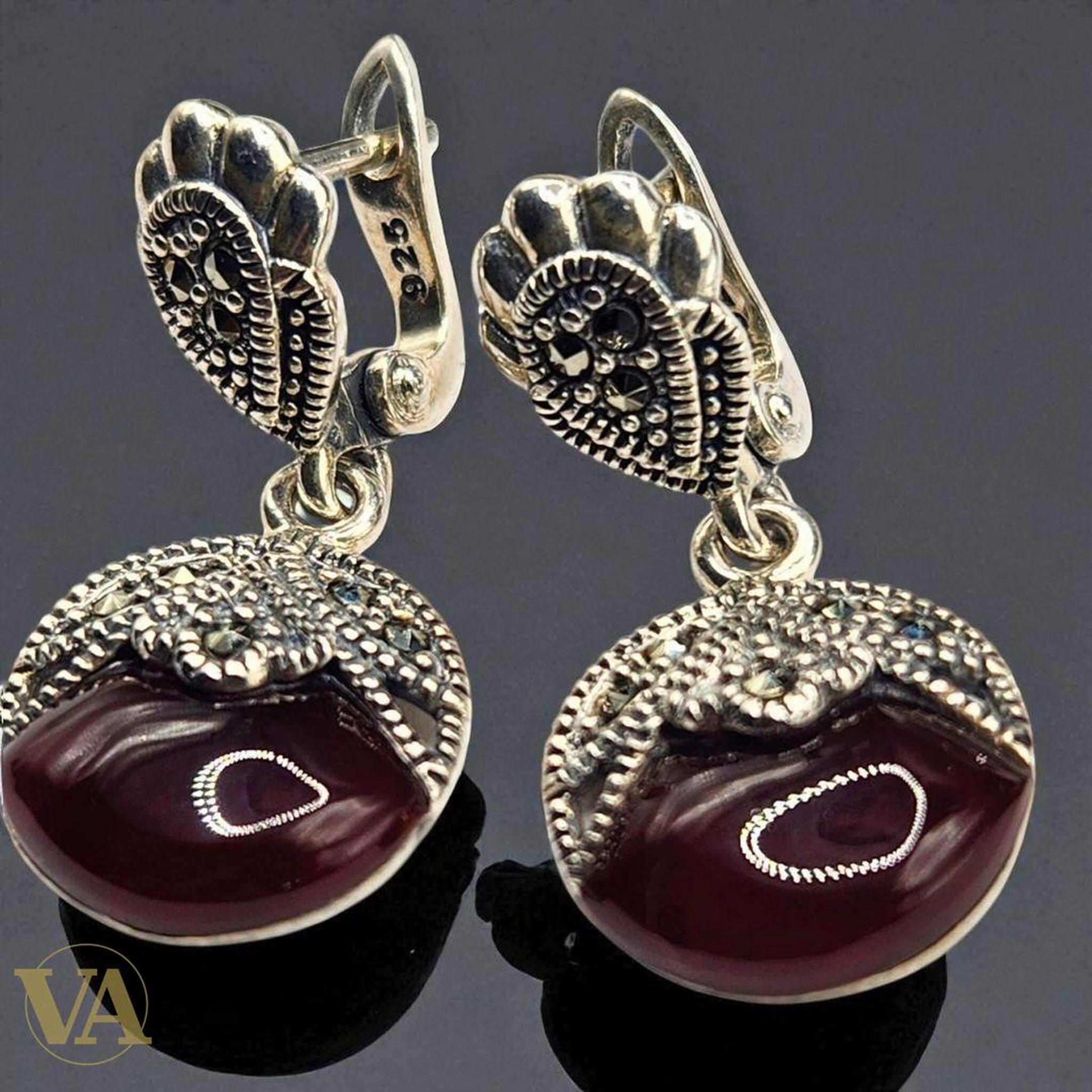 Boucles d’oreilles en argent 925, marcassite & cornaline | Bijoux Vindicta
