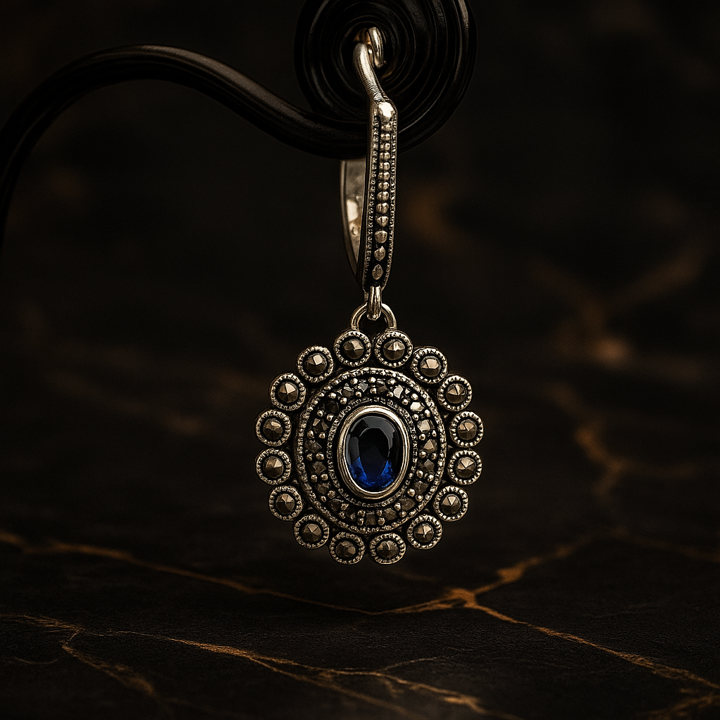 Boucles d’oreilles en argent 925 avec marcasite & pierre bleue