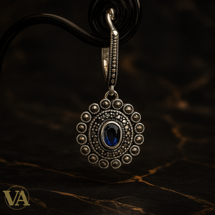 Boucles d’oreilles en argent 925 avec marcasite & pierre bleue