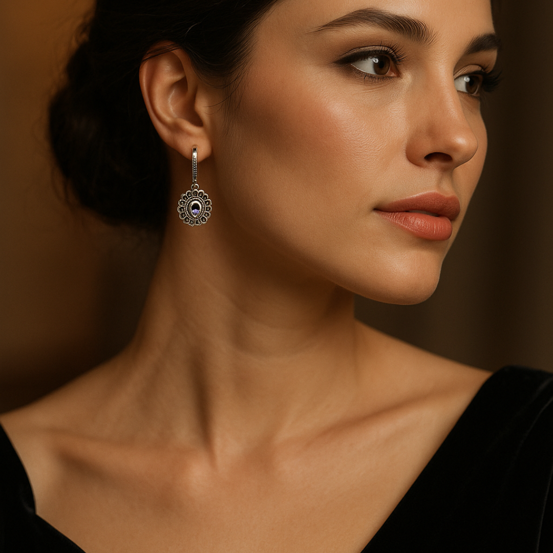 Boucles d’oreilles en argent 925 avec marcasite & pierre bleue