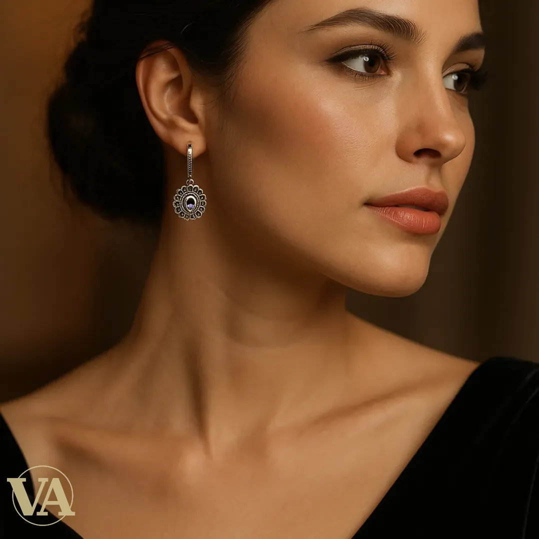 Boucles d’oreilles Femme en argent 925 avec marcasite & pierre bleue | Bijoux Vindicta