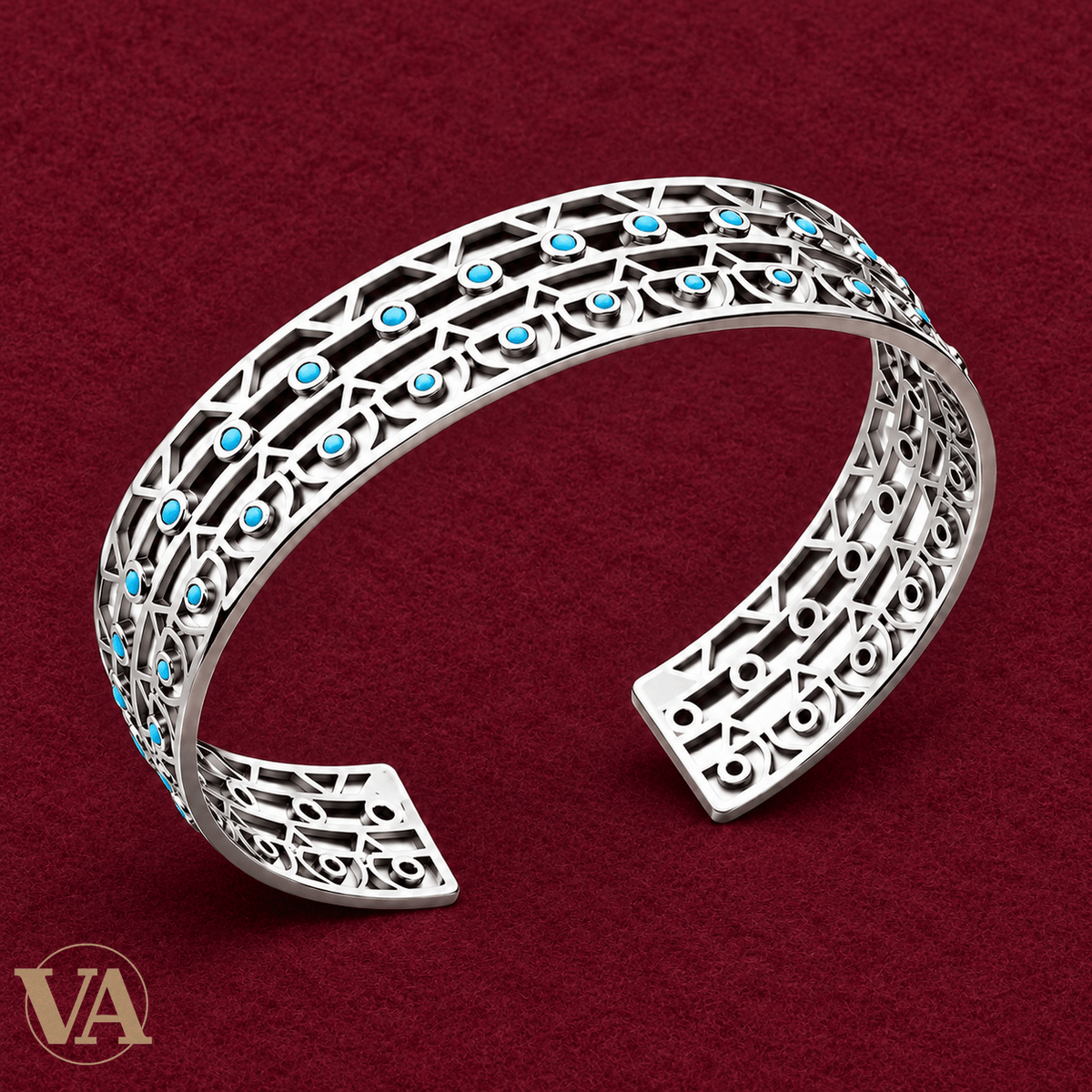 Jonc Femme Argent 925 Rhodié — Dentelle Géométrique et Touches Bleues - Argent 925 - Vindicta