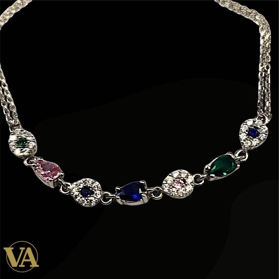 Bracelet Femme Argent 925 avec Strass Multicolores – 17+5 cm | Bijoux Vindicta