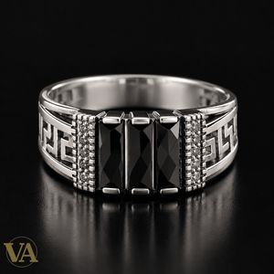Chevalière Homme Argent 925 – Triple Onyx Noir & Motifs Grecs