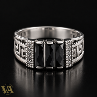 Chevalière Homme Argent 925 – Triple Onyx Noir & Motifs Grecs