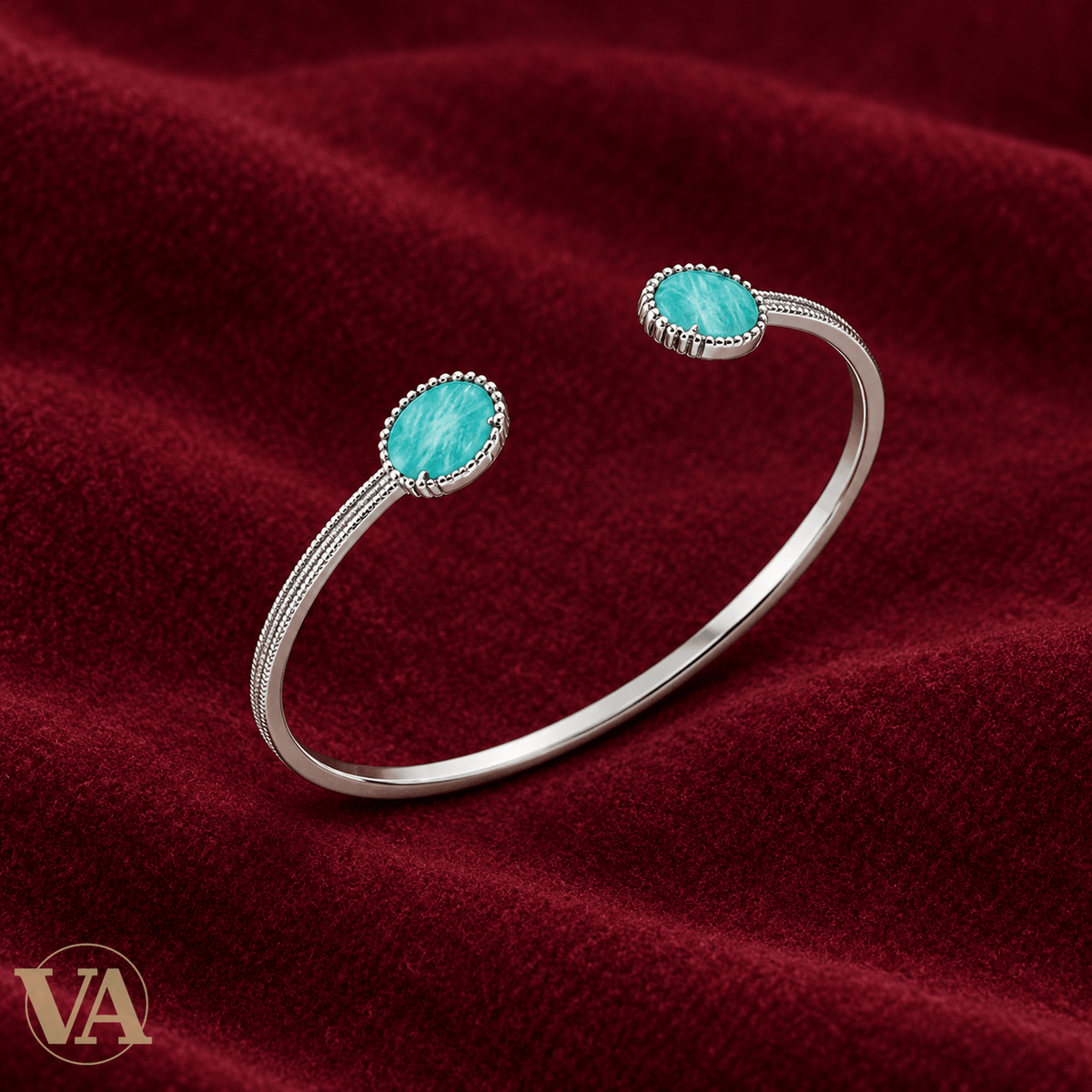 Jonc Femme Argent 925 Rhodié — Duo d’Amazonites et Contours Perlés - Argent 925 - Vindicta