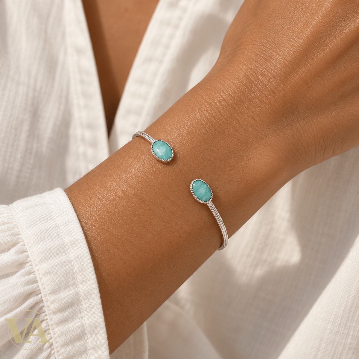 Jonc Femme Argent 925 Rhodié — Duo d’Amazonites et Contours Perlés - Argent 925 - Vindicta