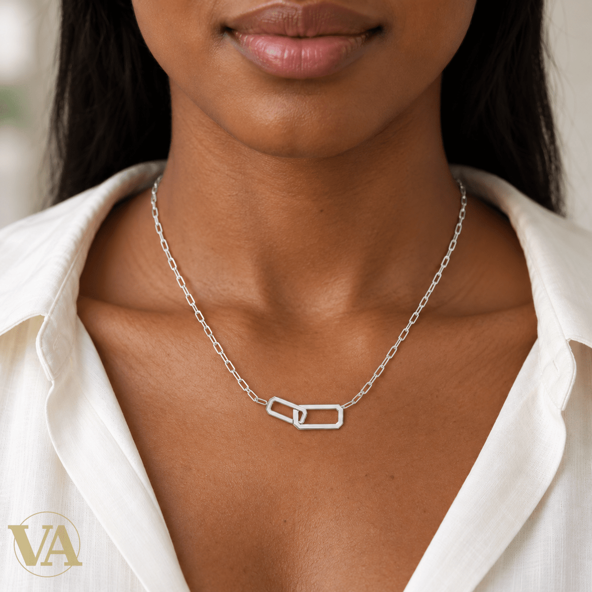 Collier femme argent 925 rhodié deux maillons rectangulaires entrelacés 45 cm - Argent 925 - Vindicta