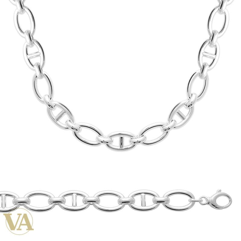 Collier femme argent 925 rhodié à larges mailles ovales marines alternées, détail du modèle