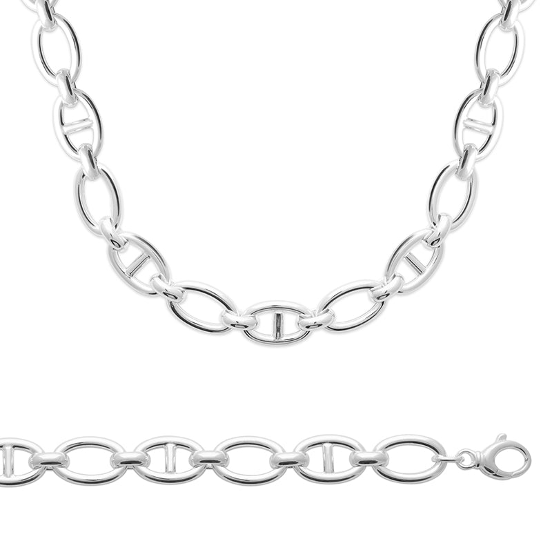 Collier femme argent 925 rhodié à larges mailles ovales marines alternées, détail du modèle