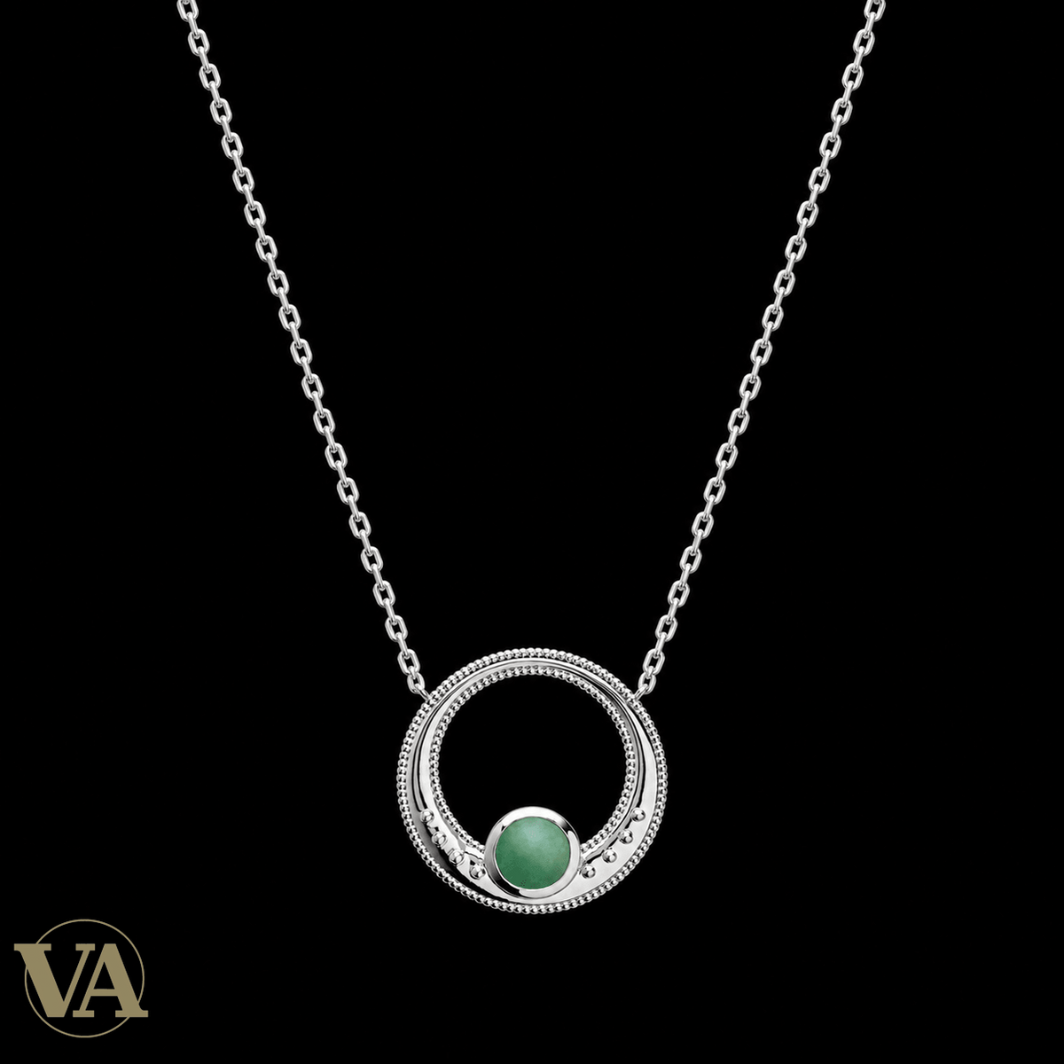 Collier femme argent 925 rhodié aventurine verte et cercles texturés — 45 cm - Argent 925 - Vindicta