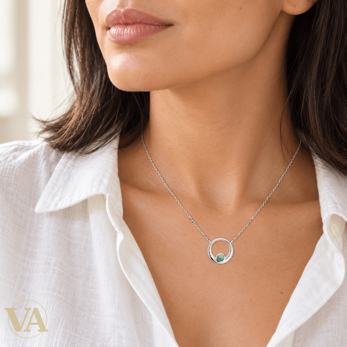 Collier femme argent 925 rhodié aventurine verte et cercles texturés — 45 cm - Argent 925 - Vindicta