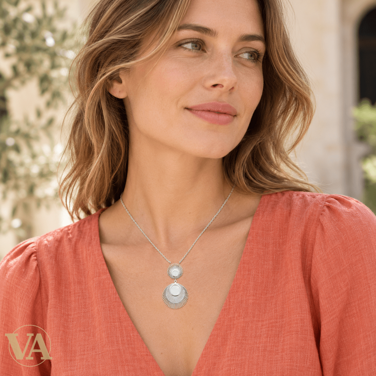 Collier femme argent 925 rhodié double soleil et nacre — 45 cm - Argent 925 - Vindicta