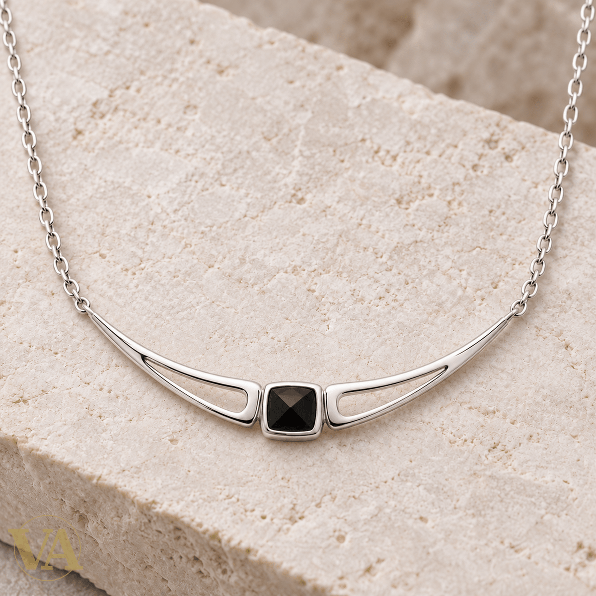 Collier femme argent 925 rhodié agate noire et courbes ajourées — 45 cm - Argent 925 - Vindicta