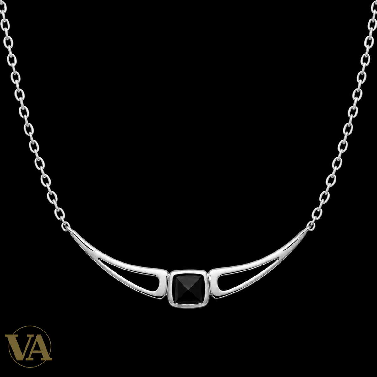 Collier femme argent 925 rhodié agate noire et courbes ajourées — 45 cm - Argent 925 - Vindicta