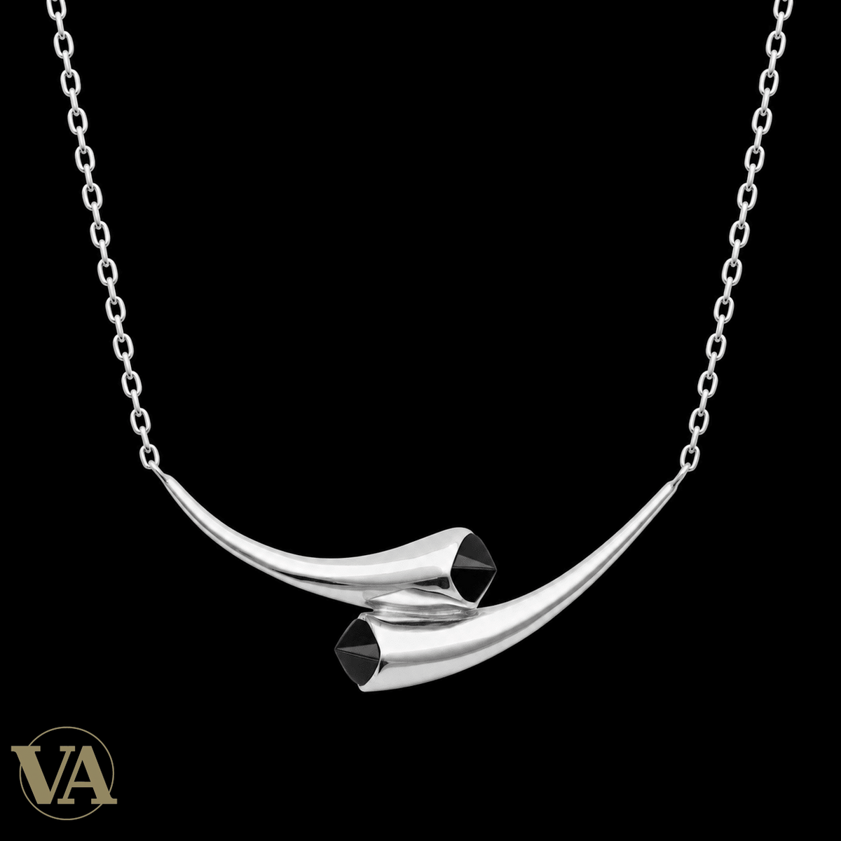 Collier femme argent 925 rhodié courbes croisées et agate noire — 45 cm - Argent 925 - Vindicta