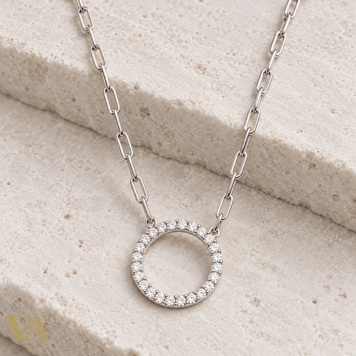 Collier femme argent 925 rhodié cercle ajouré et zirconiums — 45 cm - Argent 925 - Vindicta