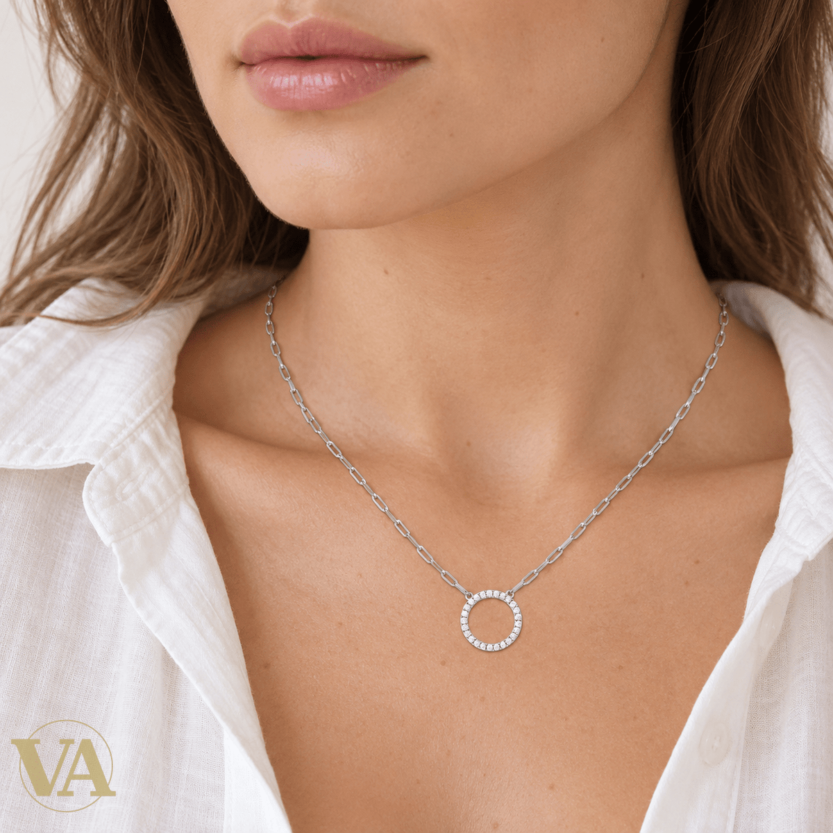 Collier femme argent 925 rhodié cercle ajouré et zirconiums — 45 cm - Argent 925 - Vindicta