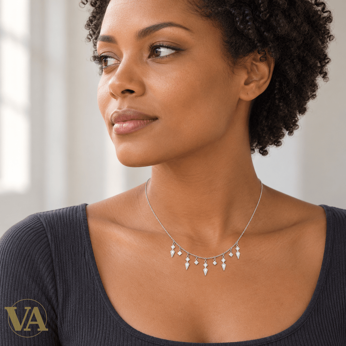 Collier femme argent 925 rhodié à pampilles géométriques et zirconiums — 45 cm - Argent 925 - Vindicta