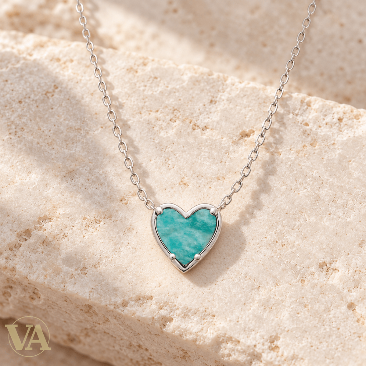 Collier femme argent 925 rhodié cœur amazonite — 45 cm - Argent 925 - Vindicta