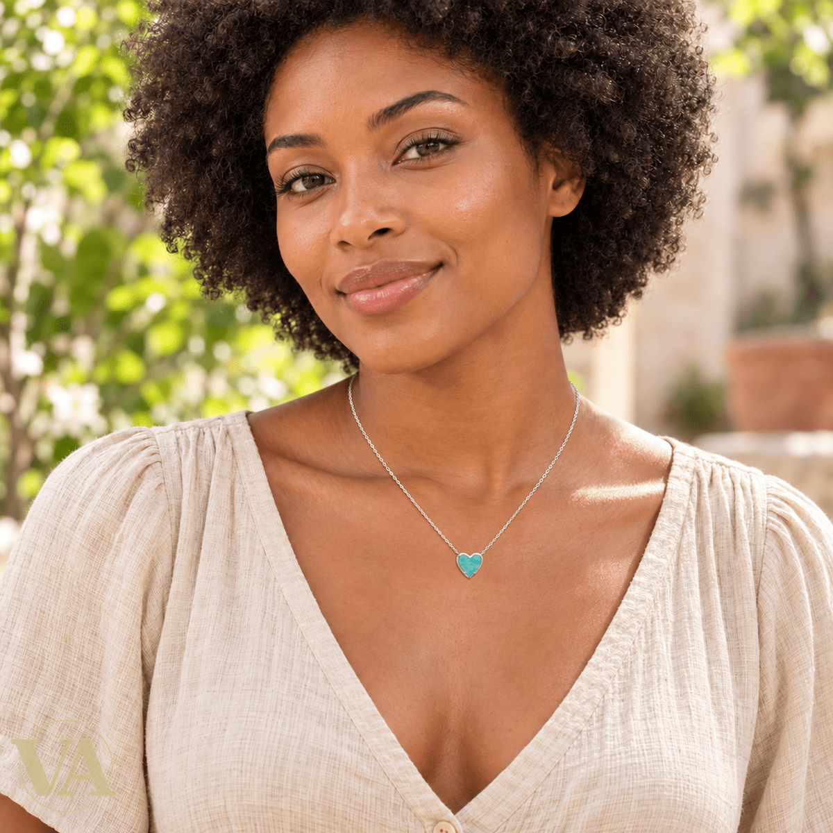 Collier femme argent 925 rhodié cœur amazonite — 45 cm - Argent 925 - Vindicta