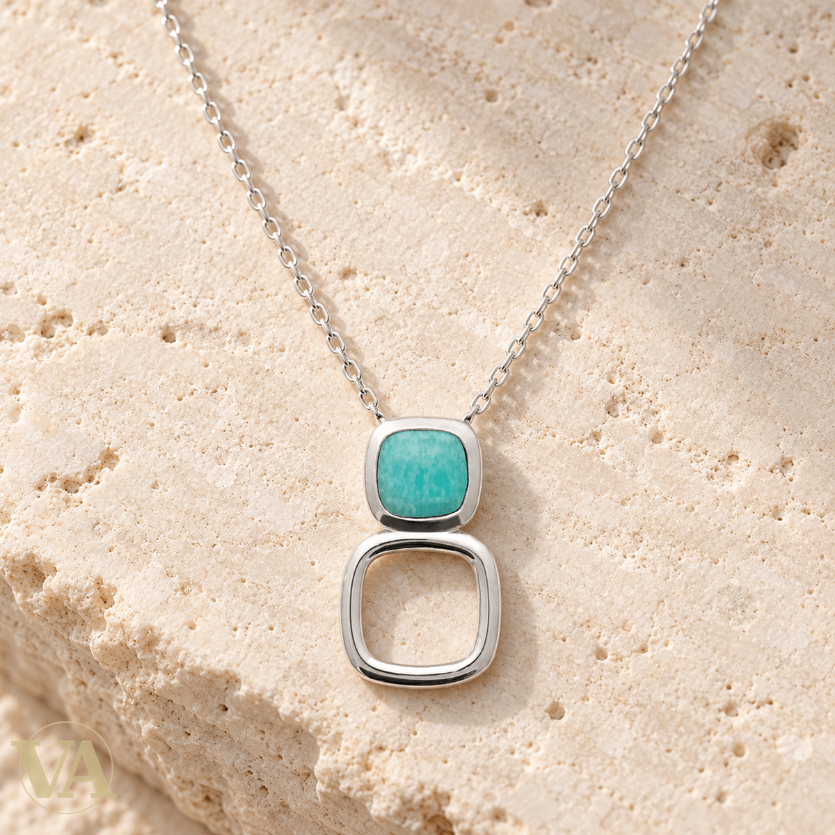 Collier femme argent 925 rhodié amazonite et carré ajouré — 45 cm - Argent 925 - Vindicta