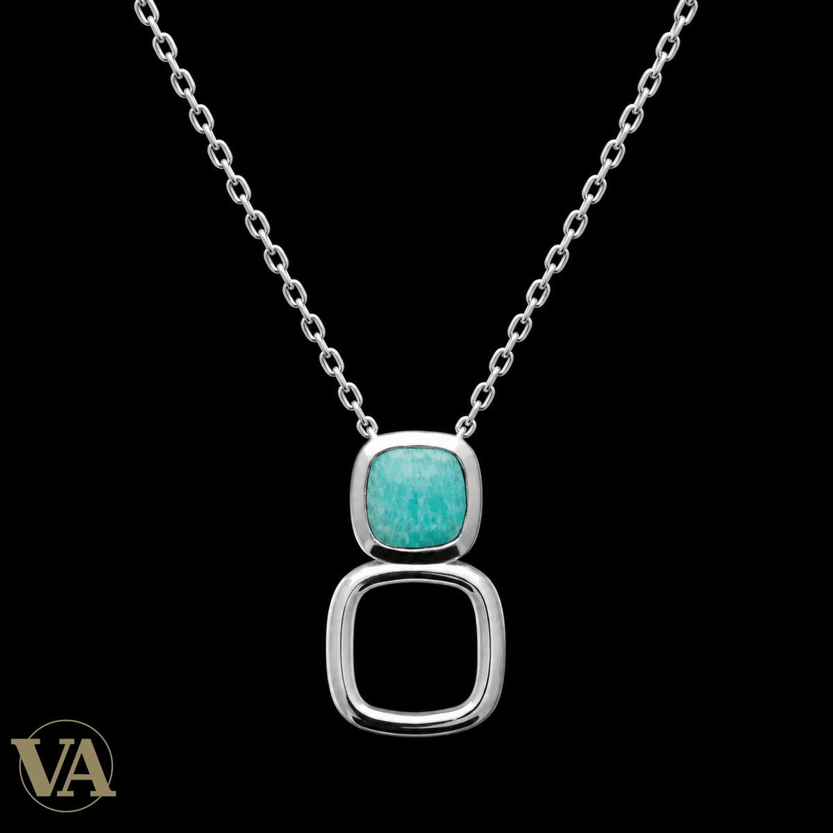 Collier femme argent 925 rhodié amazonite et carré ajouré — 45 cm - Argent 925 - Vindicta