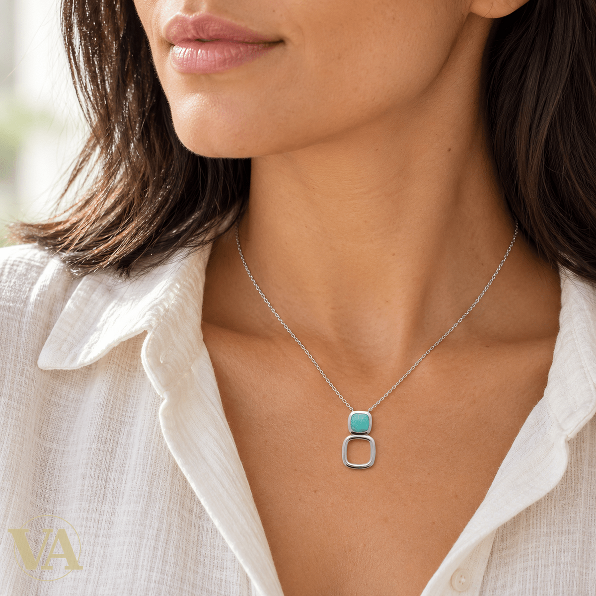 Collier femme argent 925 rhodié amazonite et carré ajouré — 45 cm - Argent 925 - Vindicta