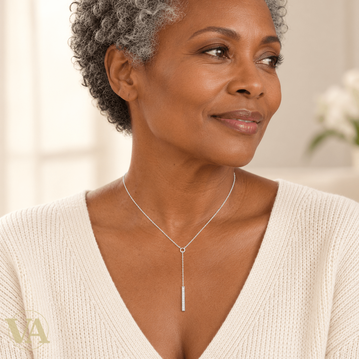 Collier femme argent 925 rhodié en Y à barre de zirconiums — 45 cm - Argent 925 - Vindicta
