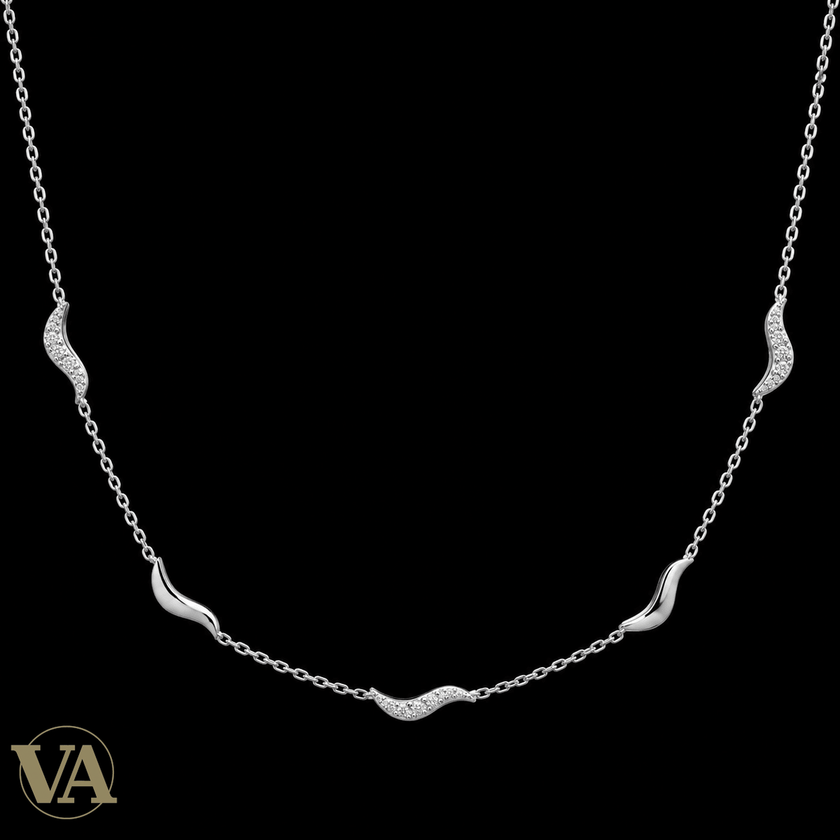 Collier femme argent 925 rhodié cinq vagues et zirconiums — 45 cm - Argent 925 - Vindicta