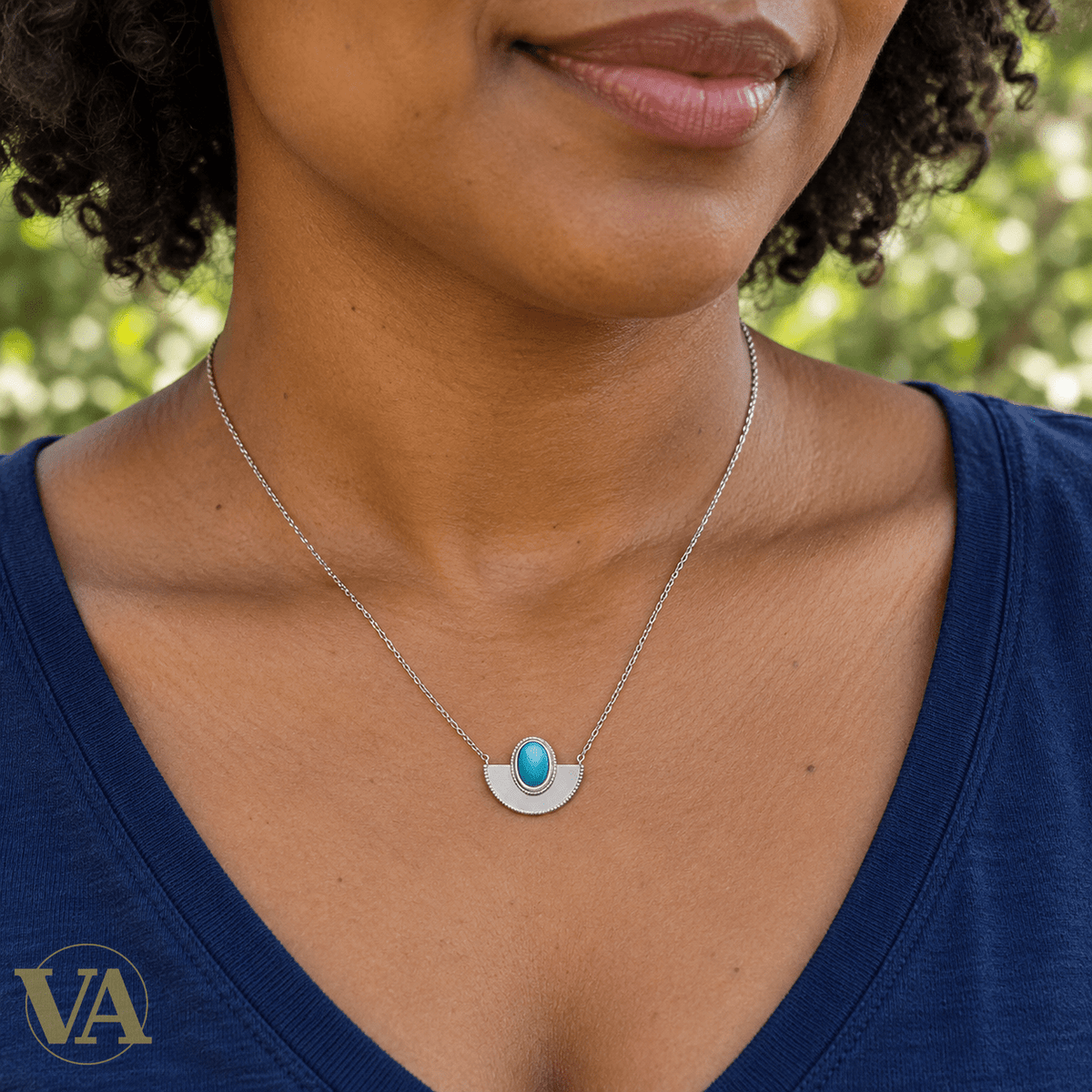 Collier Argent 925 Rhodié — Ovale Bleu et Demi-Lune - Argent 925 - Vindicta