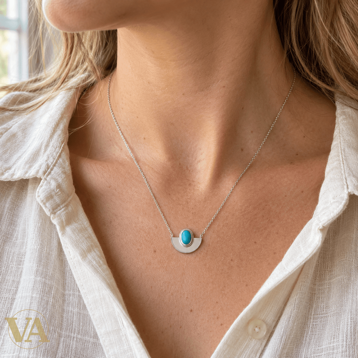 Collier Argent 925 Rhodié — Ovale Bleu et Demi-Lune - Argent 925 - Vindicta