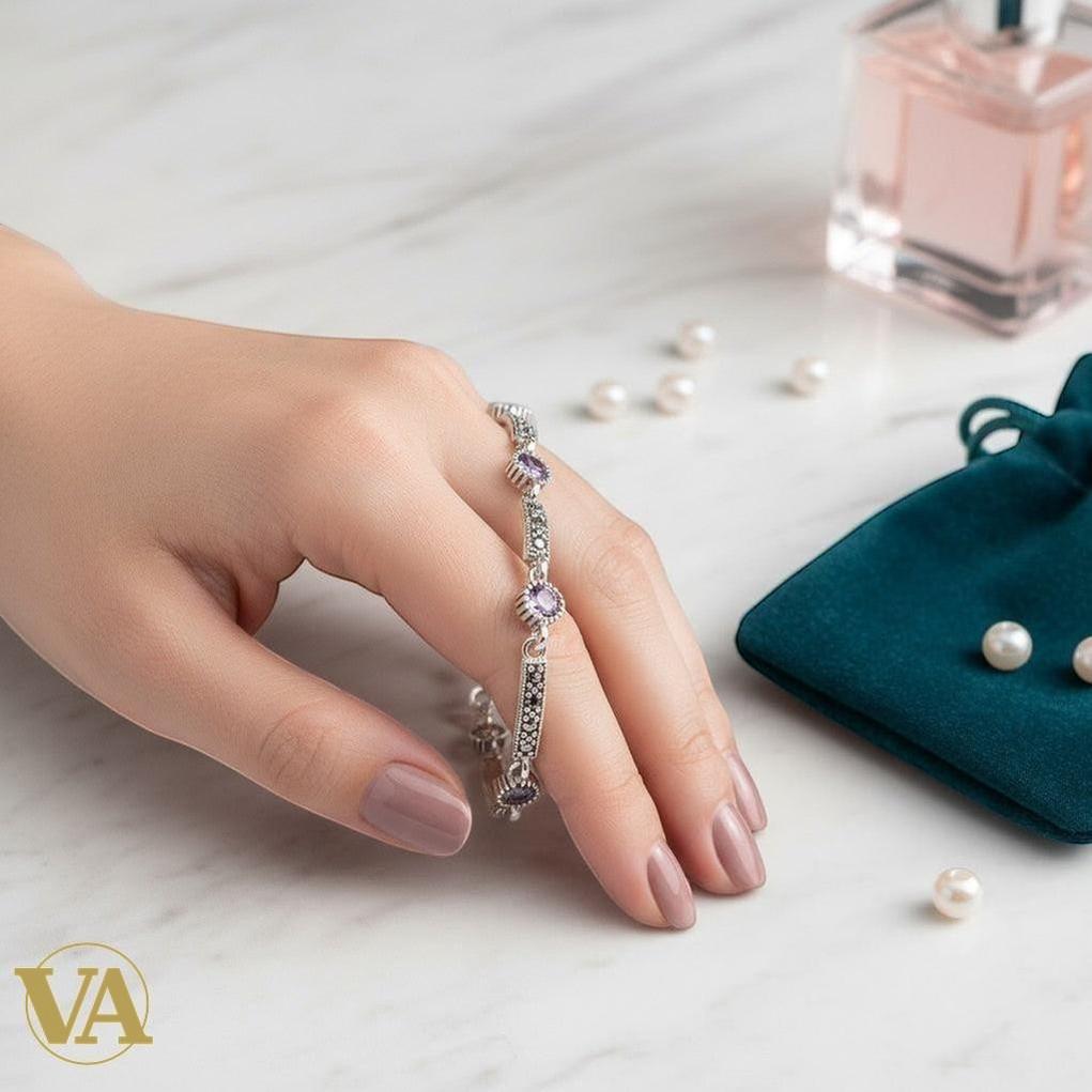 Bracelet femme en argent 925 avec marcassite et améthyste | Bijoux Vindicta