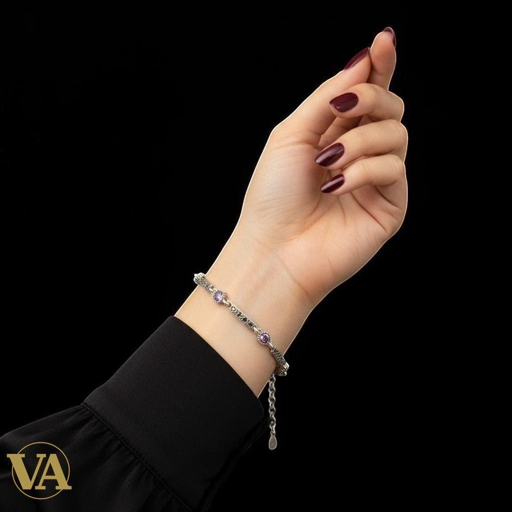 Bracelet femme en argent 925 avec marcassite et améthyste | Bijoux Vindicta