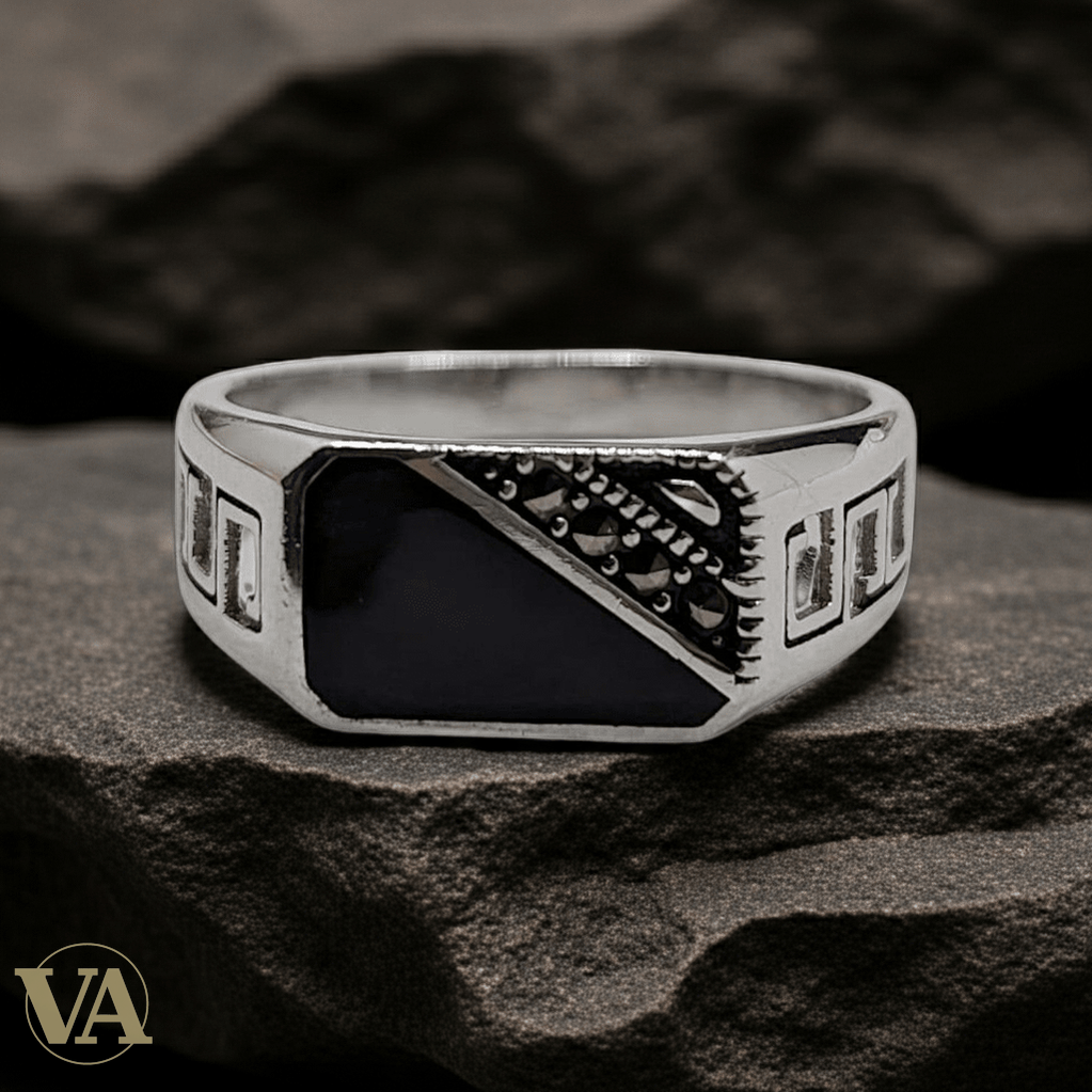 Chevalière Homme Argent 925 Onyx Noir Motif Ciselé Diagonale - Argent 925 - Vindicta