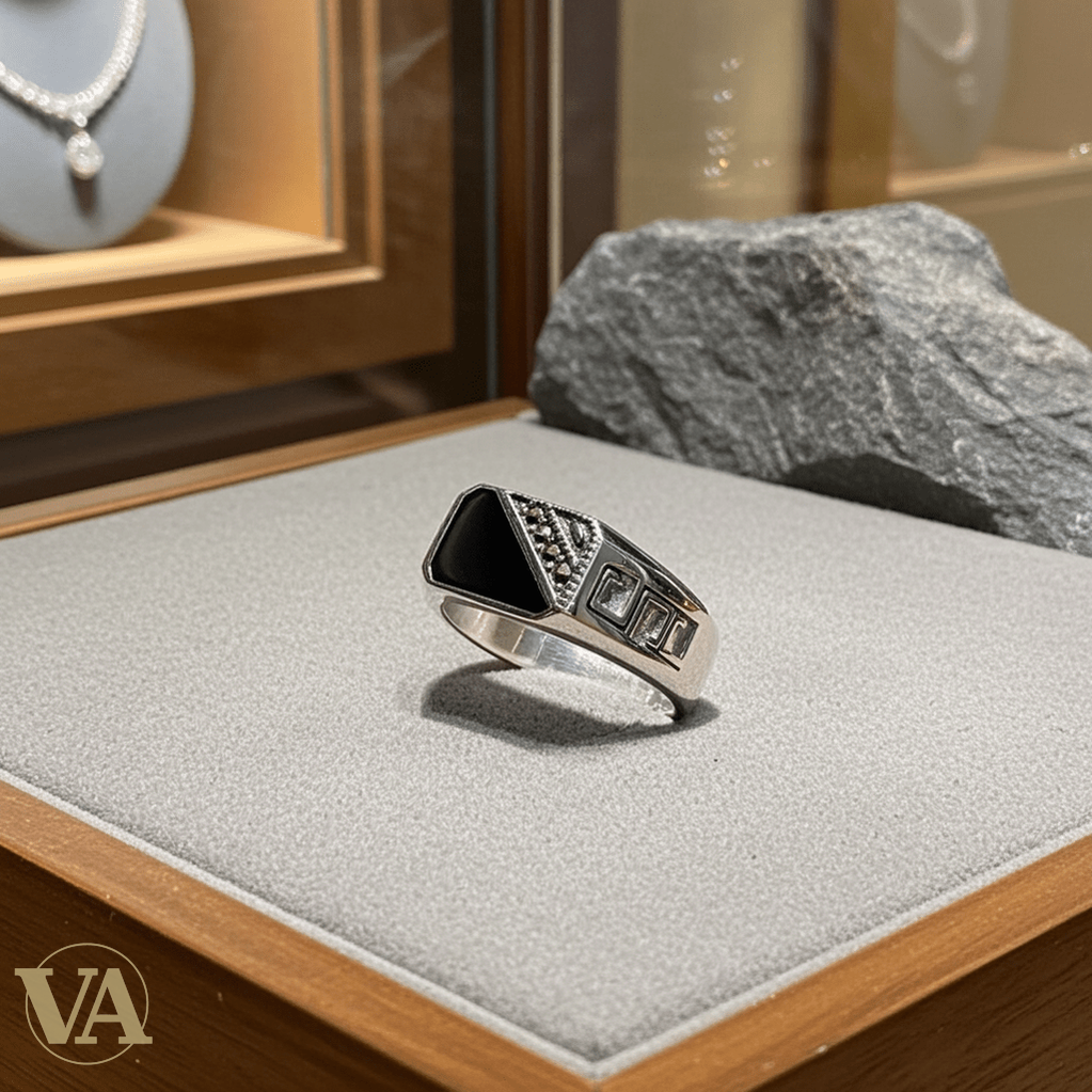 Chevalière Homme Argent 925 Onyx Noir Motif Ciselé Diagonale - Argent 925 - Vindicta