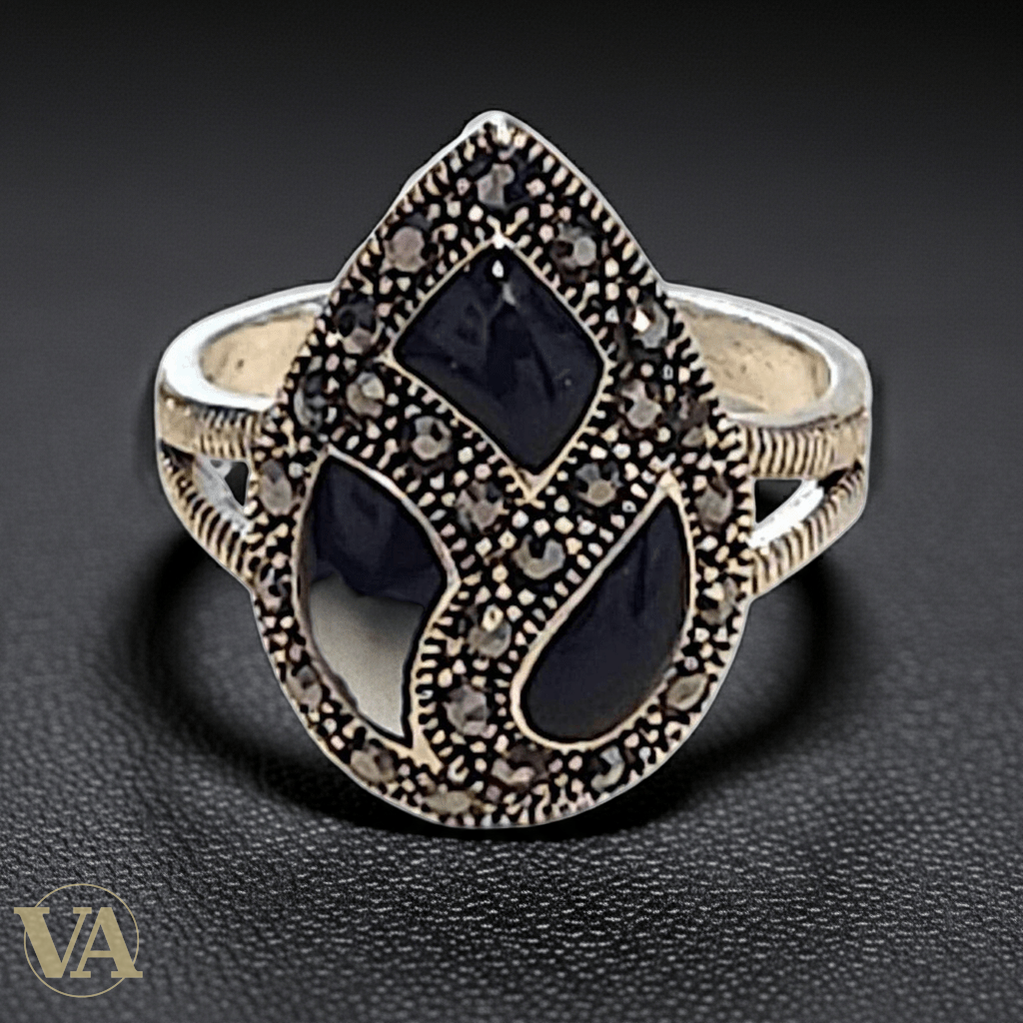 Bague Femme argent 925 goutte onyx noir et marcassites - Argent 925 - Vindicta