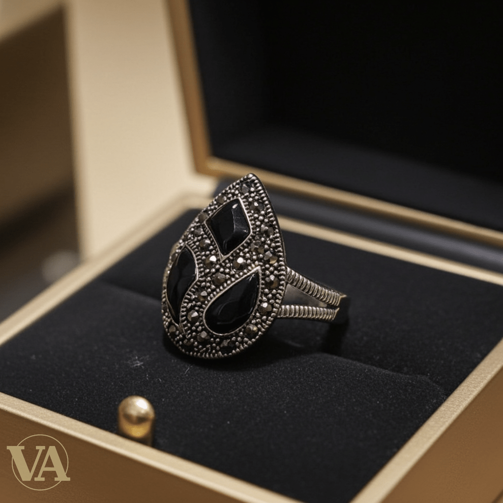 Bague Femme argent 925 goutte onyx noir et marcassites - Argent 925 - Vindicta