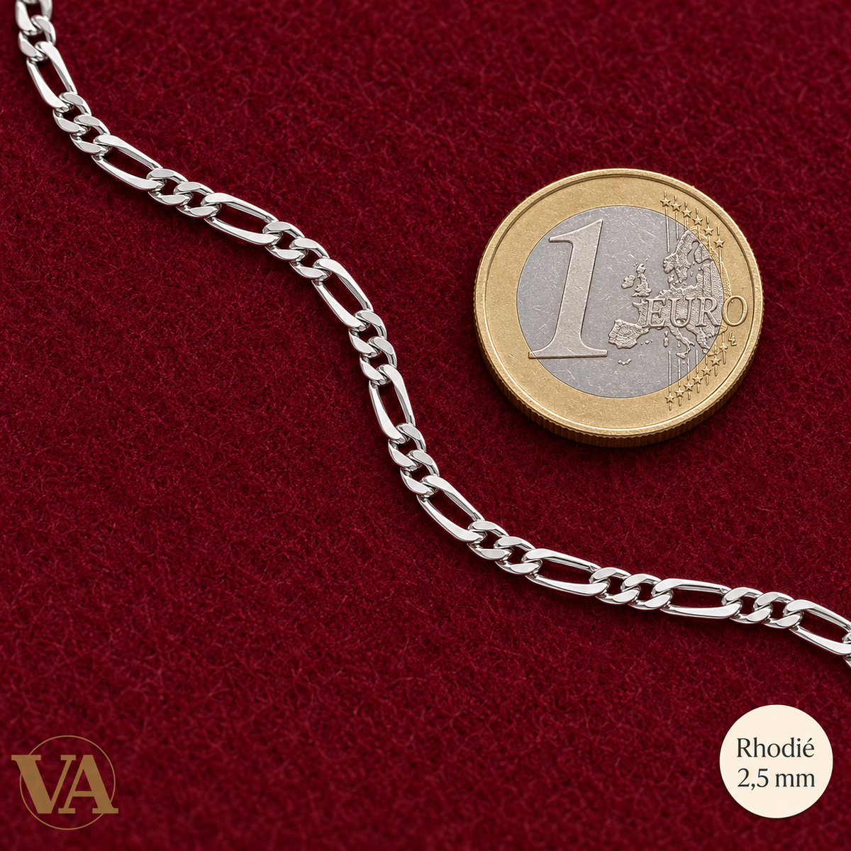 Chaîne Homme Argent 925 – Figaro 1+2 diamantée 4 faces rhodiée 2,5 mm — détail de maille avec pièce de 1 euro