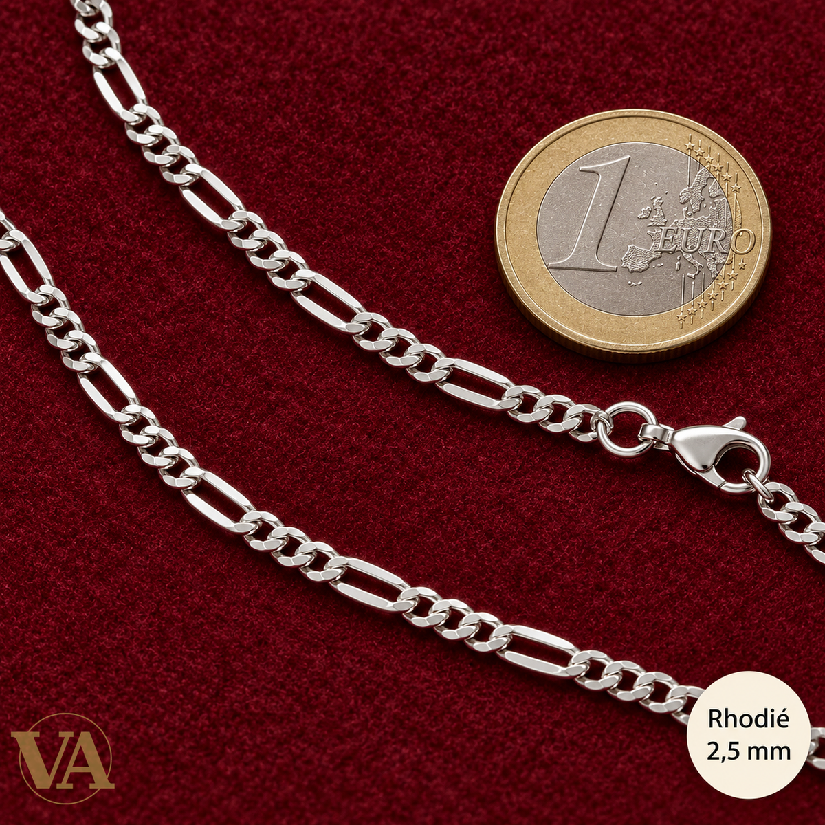 Chaîne Homme Argent 925 – Figaro 1+3 diamantée 4 faces rhodiée 2,5 mm — détail de maille avec pièce de 1 euro