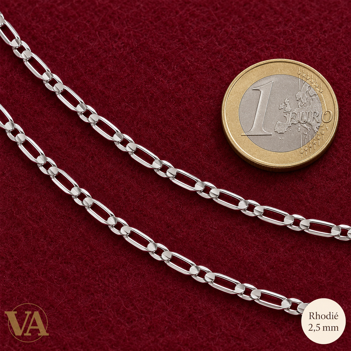 Chaîne Homme Argent 925 – Figaro 1+1 diamantée 4 faces rhodiée 2,5 mm — détail de maille avec pièce de 1 euro