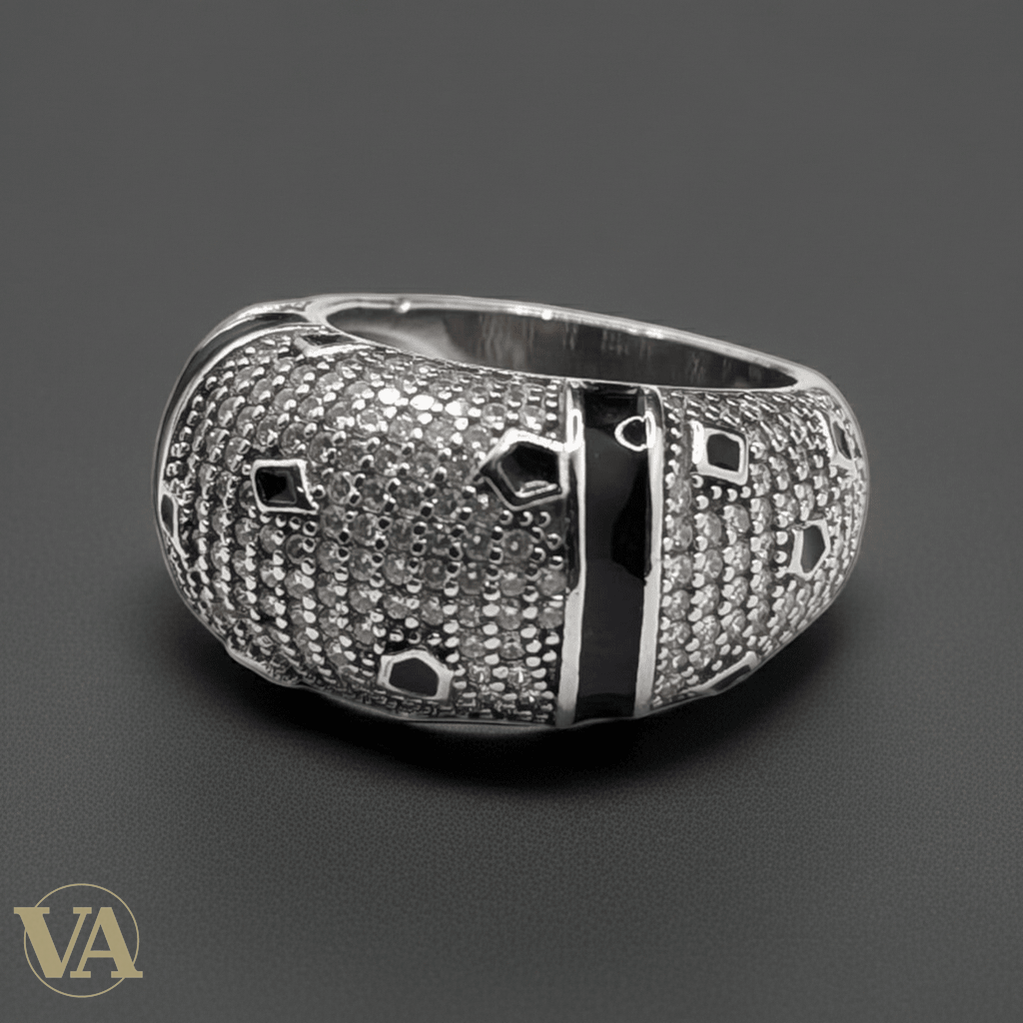 Bague Homme Argent 925 Dôme Pavé Zircons Onyx Noir - Argent 925 - Vindicta