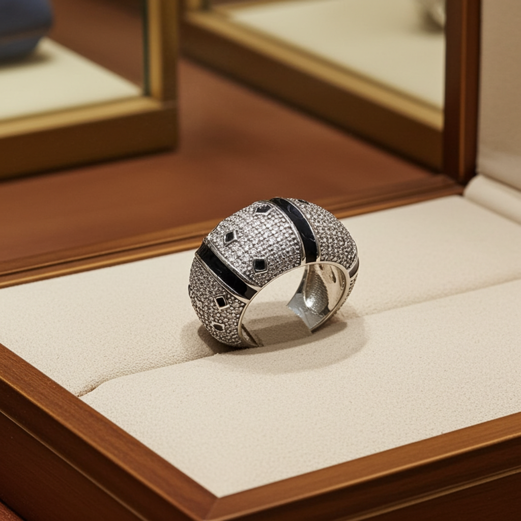 Bague Homme Argent 925 Dôme Pavé Zircons Onyx Noir