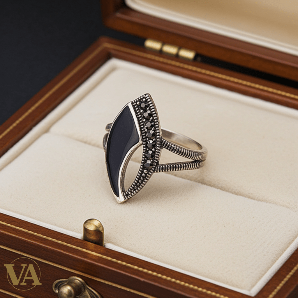 Bague Femme Argent 925 Onyx Noir Navette & Marcassites - Argent 925 - Vindicta