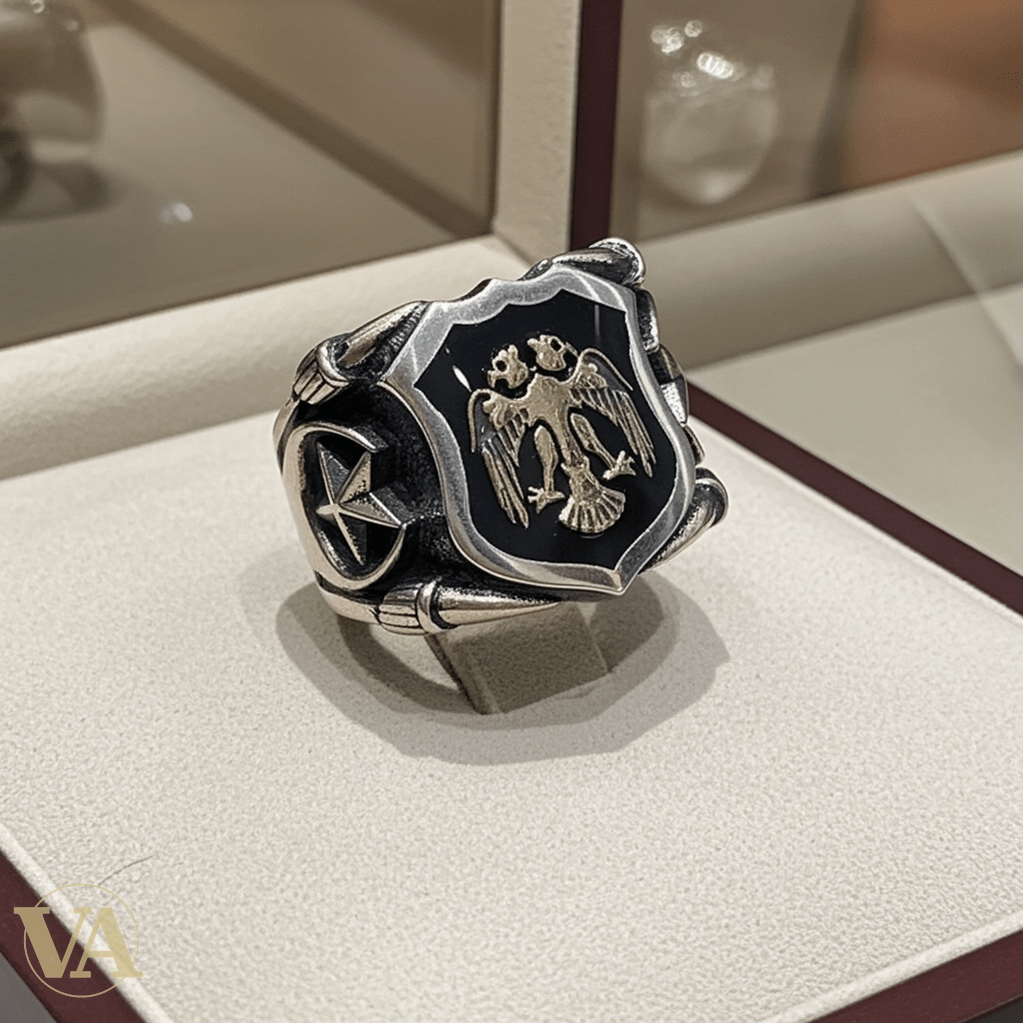 Chevalière Homme Argent 925 – Aigle Bicéphale Ottoman Plaqué Or & Onyx Noir - Argent 925 - Vindicta