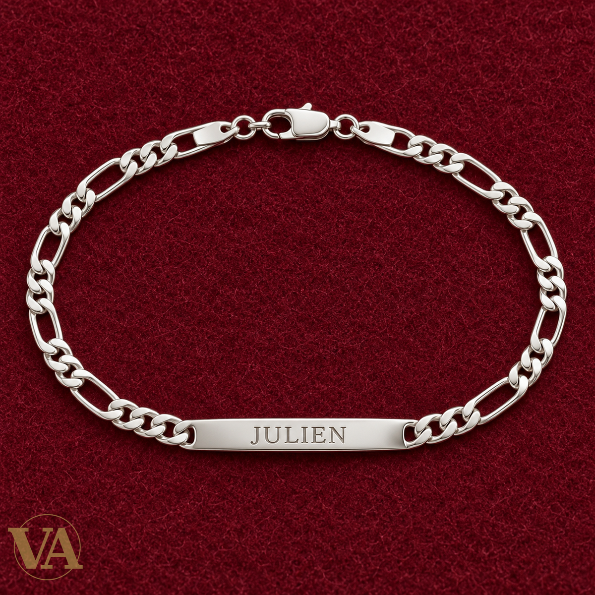 Gourmette homme argent 925 rhodié 20 cm — bracelet complet sur feutre bordeaux, prénom d’exemple